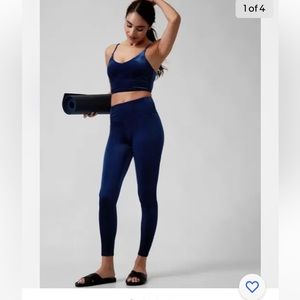 Athleta Elation Velvet High Rise Tight XXS w Crop Bra XS GORGEOUS Blue EEUC
